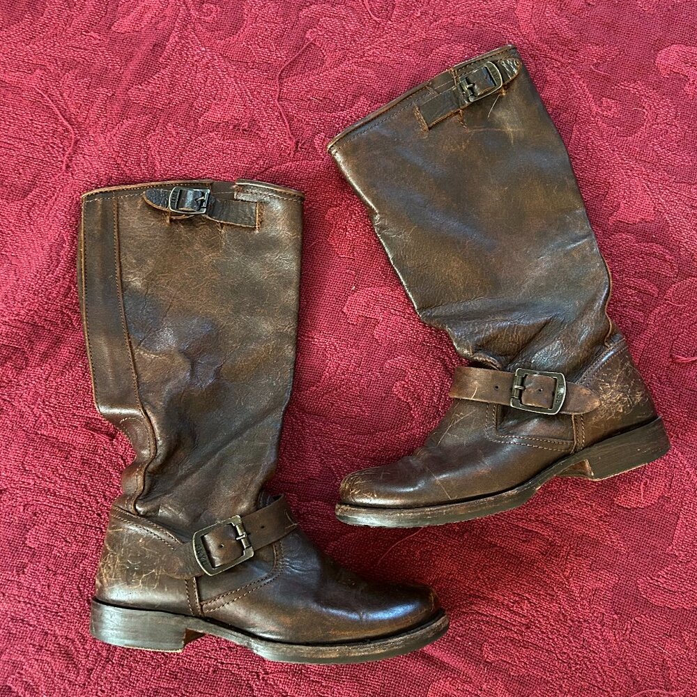 Frye Vintage Tall double-buckle pull-on boots, Dark Brown, size 7